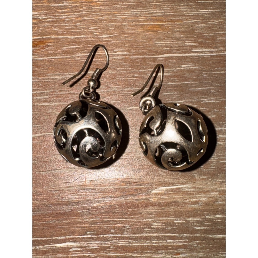 Sterling Silver Tone Filigree Ball Drop Dangle Earrings Ornate Vintage Style - Picture 4 of 6